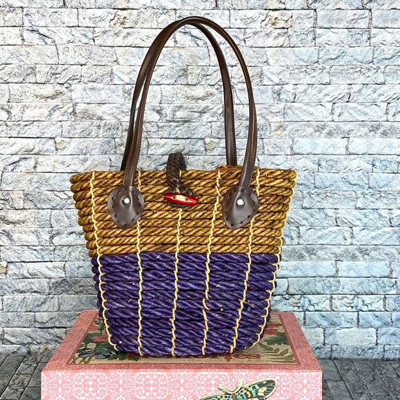 Vintage Handbags - Vintage Straw Tote Bag Dual Handle Fully Lined Inside Pocket Smaller Size